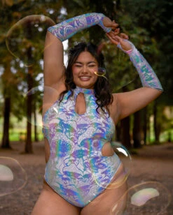 Secret Of Life Mushroom White Reflective Bodysuit With Sleeves -Iheartraves Sale Store 4.17.25E Forest.Fairy .LIB1143