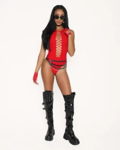 Bass Destruction Cutout Bodysuit-Red -Iheartraves Sale Store Bass Destruction Cutout Bodysuit Red Full