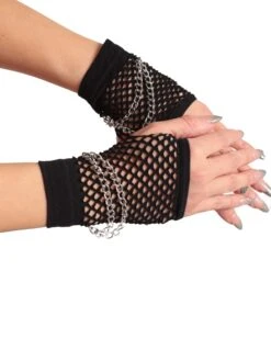 Bound Together Fingerless Fishnet Gloves With Chains