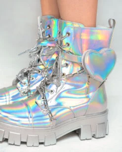 Dreamy Dazzle Holo Combat Boots With Charms & Heart Pocket -Iheartraves Sale Store Dreamy Dazzle Holo Combat Boots With Charms Heart Pocket Detail