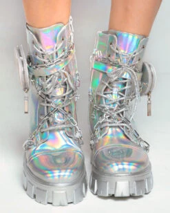 Dreamy Dazzle Holo Combat Boots With Charms & Heart Pocket -Iheartraves Sale Store Dreamy Dazzle Holo Combat Boots With Charms Heart Pocket Front