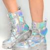 Dreamy Dazzle Holo Combat Boots With Charms & Heart Pocket -Iheartraves Sale Store Dreamy Dazzle Holo Combat Boots With Charms Heart Pocket Side