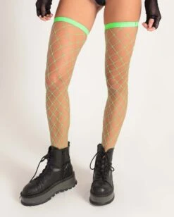 Flirty Fishnet Thigh Highs -Iheartraves Sale Store Flirty Fishnet Thigh Highs NeonGreen Front