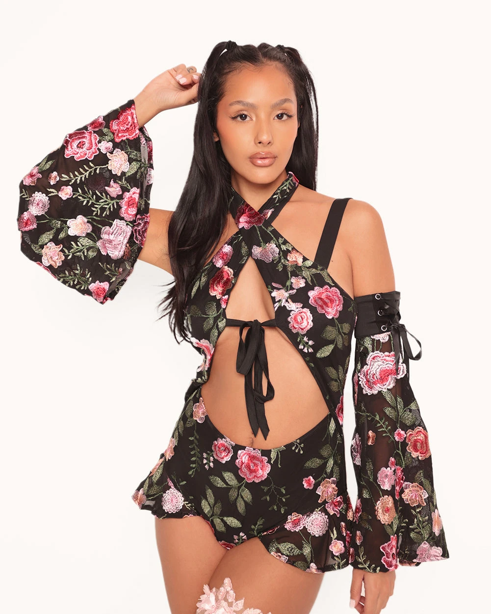 Forest Nymph Stretch Halter Lace Bodysuit Set 2.0 - Black 1 Forest Nymph Stretch Halter Lace Bodysuit Set 2.0 - Black