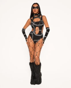 Power Surge Silver Reflective Chain Bodysuit & Sleeve Set -Iheartraves Sale Store Power Surge Silver Reflective Chain Bodysuit Sleeve Set Full