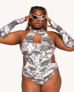 Secret Of Life Mushroom White Reflective Bodysuit With Sleeves -Iheartraves Sale Store Secret Life of A Mushroom White Reflective Bodysuit with Sleeves C1 Front