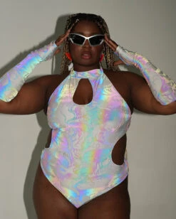 Secret Of Life Mushroom White Reflective Bodysuit With Sleeves -Iheartraves Sale Store Secret Life of A Mushroom White Reflective Bodysuit with Sleeves C1 Reflective