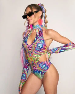 Viper Vision Halter Cutout Bodysuit With Gloves -Iheartraves Sale Store Viper Vision Halter Cutout Bodysuit with Gloves Side