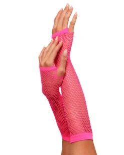 Warped Revelations Fingerless Fishnet Arm Warmers -Iheartraves Sale Store Warped Revelations Fingerless Fishnet Gloves NeonPink Side